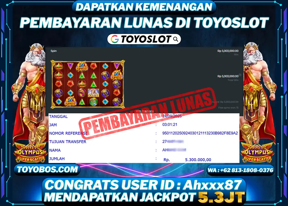 TOYOSLOT - BUKTI KEMENANGAN Gates Of Olympus Superscatter Rp5,300,000,- LUNAS